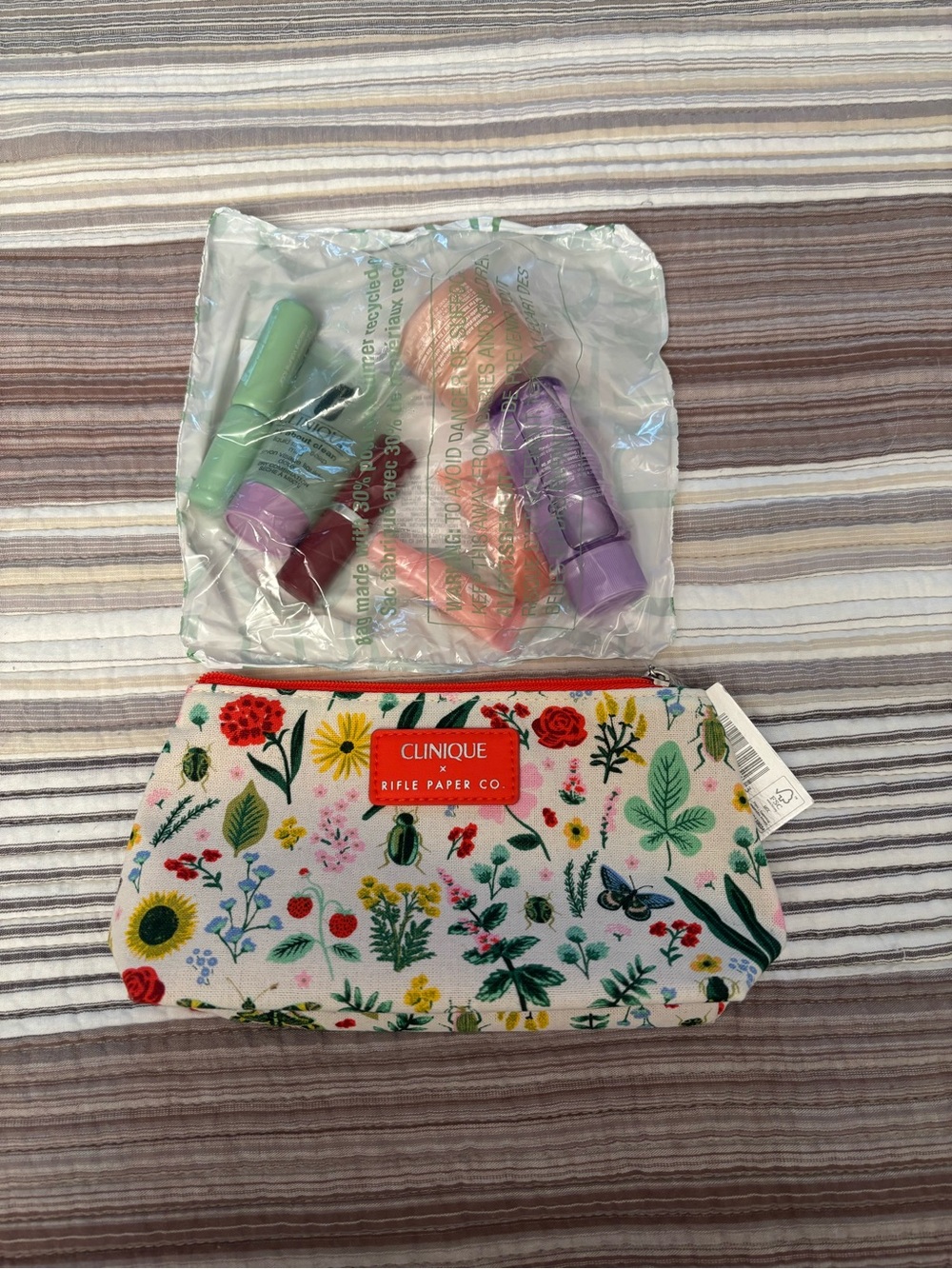 Clinique samples in Rifle Paper Co. Floral Cosmetic bag